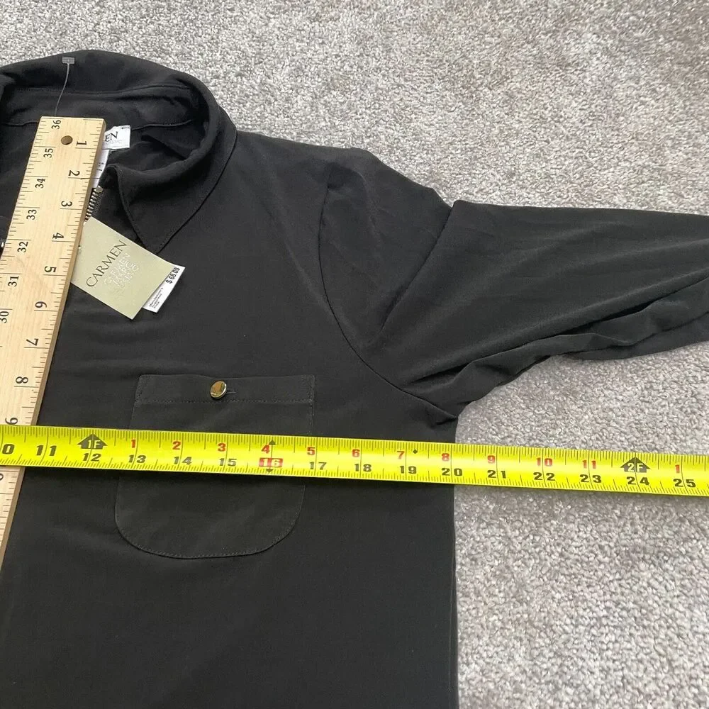 Carmen Marc Valvo 1/2 Zip Blouse Womens Large Black Roll Tab Sleeve Classic NWT - Picture 10 of 13